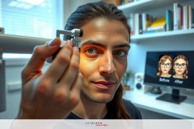 The image shows a person engaged in an activity involving electronic equipment and facial recognition technology. The individual is focused on the task at hand, with their eyes looking directly ahead.