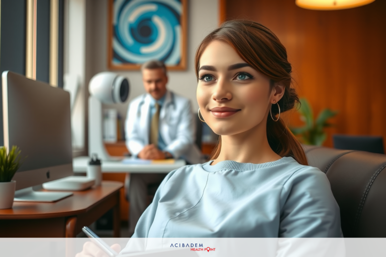 The image depicts a professional office environment with a focus on two individuals. A woman wearing blue sweatshirt and she is smiling, while a man in a white coat stands nearby holding a clipboard. The setting includes a desk with a computer monitor.
