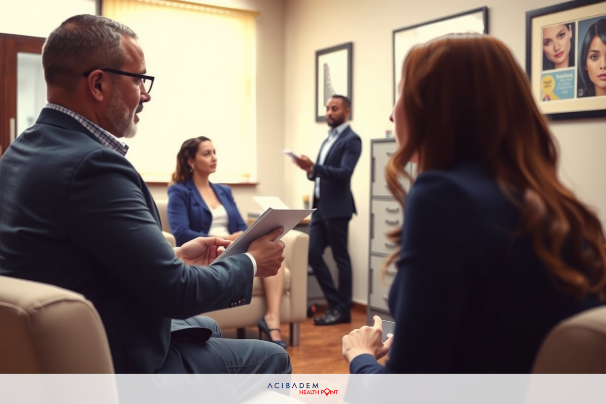 The image shows an indoor setting, likely an office or meeting room. There are several individuals seated around a table engaged in what appears to be a discussion or interview. The man in the foreground is holding papers and seems to be speaking or explaining something to the woman next to him. Another person is standing at the end of the table, observing the conversation. The environment suggests a professional context with decorative framed pictures on the walls. The clothing of the individuals indicates a formal workplace setting. The overall tone of the image is neutral and serious.