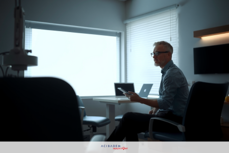 A man sits at a desk in an office setting, using his laptop. The room has large windows that let natural light filter in. He appears to be working or conducting some form of online meeting.