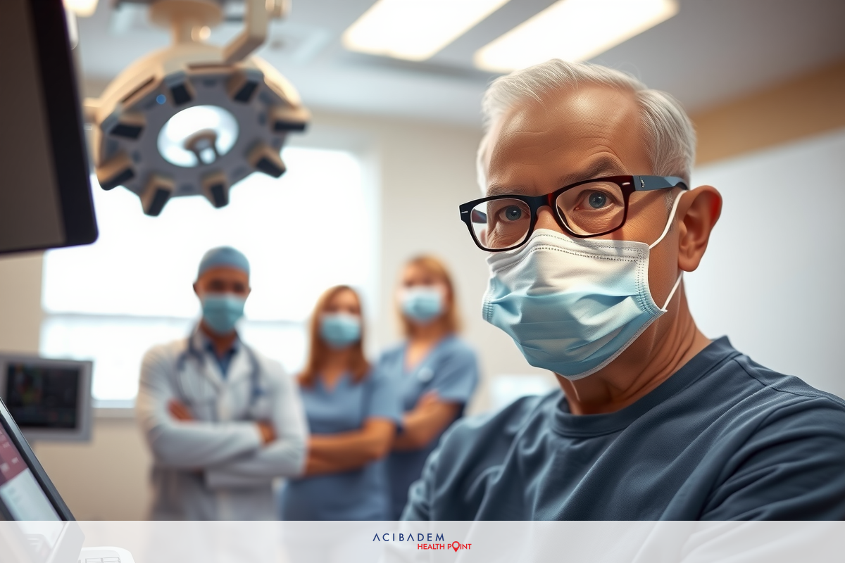 A group of medical professionals in a hospital operating room, with a male surgeon wearing a surgical mask leading the team. They are focused on a patient who is undergoing surgery.