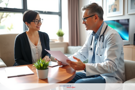The image shows a man in a medical coat, likely a doctor, seated at a table with a woman who appears to be the patient. They are engaging in what seems to be a consultation or appointment within an office environment. The doctor is wearing glasses and has his hands open as if explaining something to the patient.