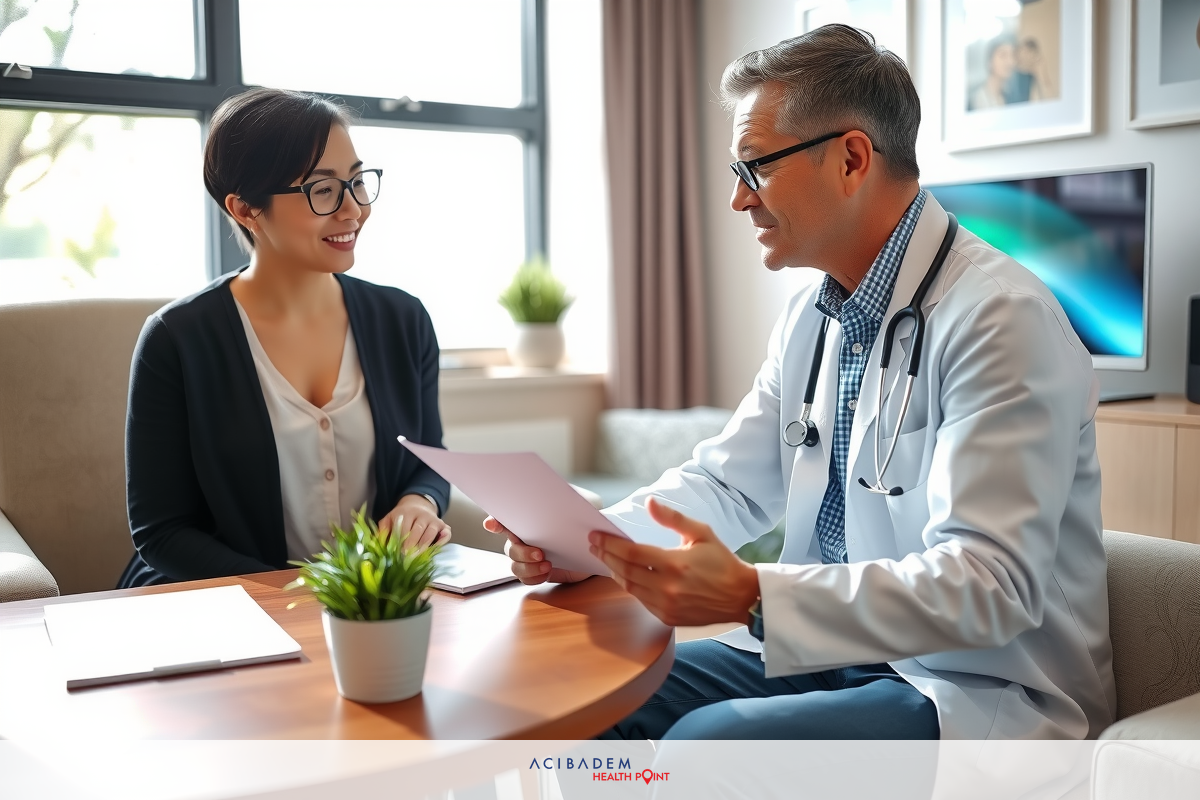 The image shows a man in a medical coat, likely a doctor, seated at a table with a woman who appears to be the patient. They are engaging in what seems to be a consultation or appointment within an office environment. The doctor is wearing glasses and has his hands open as if explaining something to the patient.
