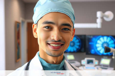 A young male healthcare professional wearing a surgical mask and scrubs in a modern medical environment. The room is equipped with advanced technology including a medical monitor on the wall.