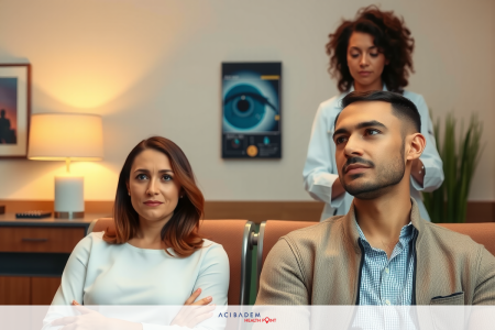 In this image, two individuals are seated in an office setting. One person is a man and the other is a woman. They appear to be engaged in a conversation or meeting with another individual who is standing behind them, suggesting a business or professional context.