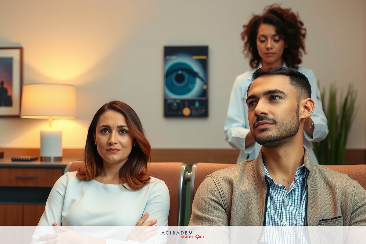 In this image, two individuals are seated in an office setting. One person is a man and the other is a woman. They appear to be engaged in a conversation or meeting with another individual who is standing behind them, suggesting a business or professional context.