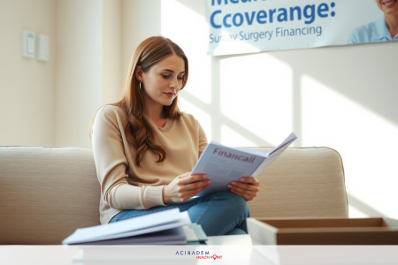 Will Medicaid Pay for LASIK Eye Surgery? The image shows a woman sitting on a couch with paperwork in her hands. She appears to be reading or reviewing some documents. There is a book and additional papers on the table beside her. The setting suggests an indoor environment, possibly a home or office space.