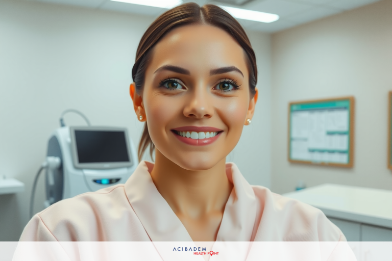The image shows a woman smiling and looking at the camera. She is wearing a light pink medical outfit, indicating that she might be a healthcare professional in a clinical setting.