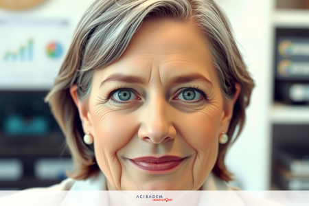 A woman with grey hair and a neutral expression, possibly in an office environment. Her gaze is directed straight ahead.