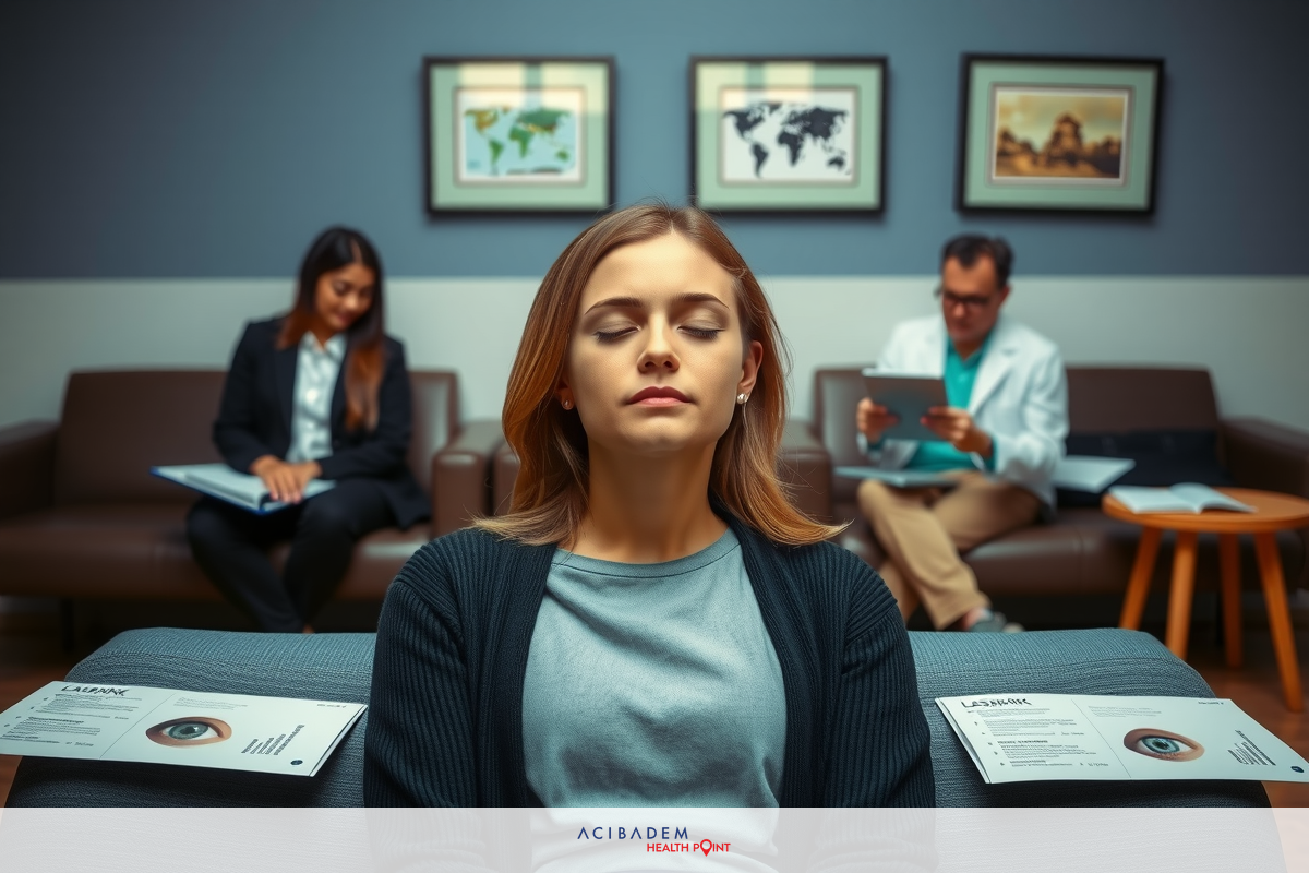 The image shows a young woman sitting in a waiting room with her eyes closed. She is the central figure, with two other people in the background engaged in their own tasks.