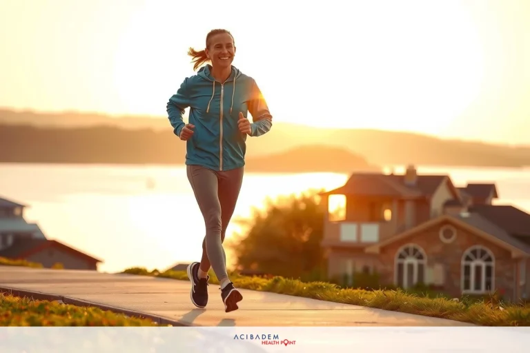 The image depicts a female runner in motion on an elevated path overlooking a body of water. The woman is wearing athletic attire and running shoes, and appears to be enjoying the activity. She has blonde hair tied back. The environment seems serene and open, possibly near a lake or bay, during what appears to be either sunrise or sunset given the warm hues of the sky.