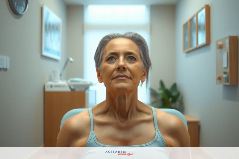 How Long Does a Knee Arthroscopy Take to Heal? The image depicts a woman in an office setting. She is wearing a blue top and has short, gray hair. Her expression is serious as she looks at the camera. Behind her is an office environment with modern furniture.