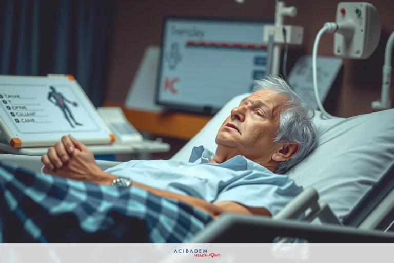 What to Expect the Day After Hip Replacement Surgery A man in a hospital bed, elderly and appearing to sleep or rest. He is wearing medical gowns and hooked up to medical equipment. The environment suggests a clinical setting with medical monitors and charts visible.