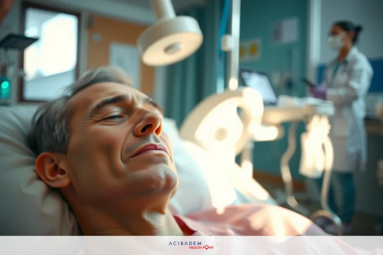 An older man laying on a hospital bed, with medical equipment around him. A healthcare professional is standing nearby, attentively observing the patient's condition.