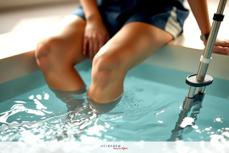 The image shows a person seated with their legs submerged in a pool of water. The individual's skin is visible, suggesting they are using the water for relaxation or treatment.