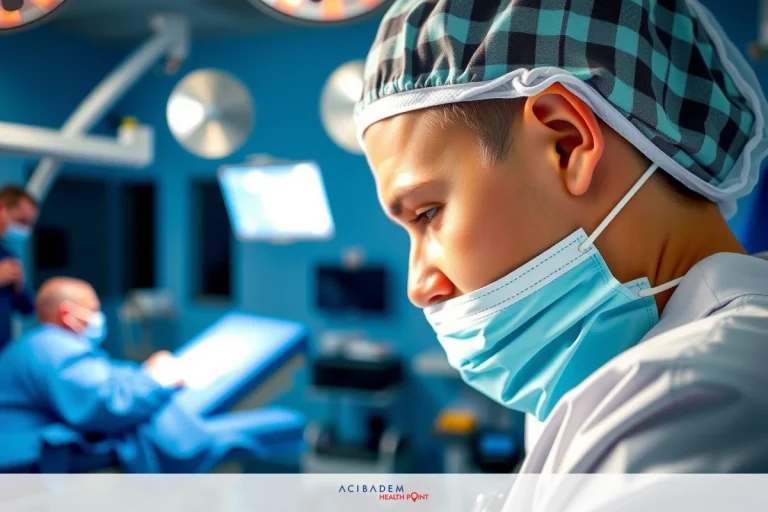 Surgical scene in an operating room. Surgeon focused on patient, wearing a surgical mask and gown.