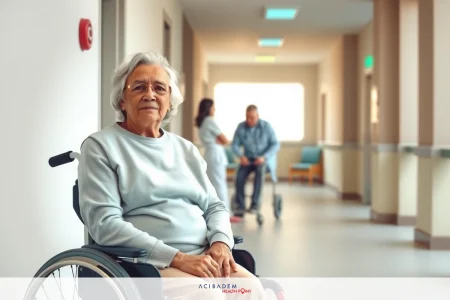 This image depicts an elderly woman in a hospital setting, sitting on a wheelchair. She appears to be waiting or resting.