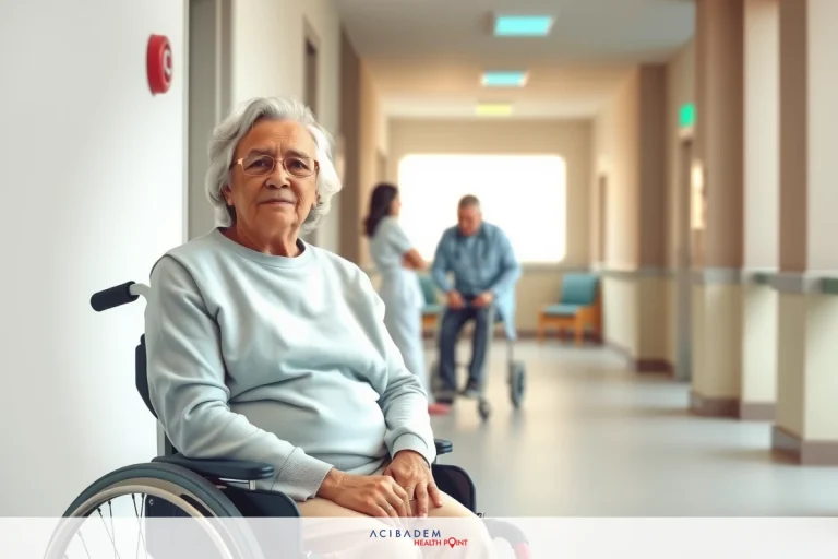 This image depicts an elderly woman in a hospital setting, sitting on a wheelchair. She appears to be waiting or resting.