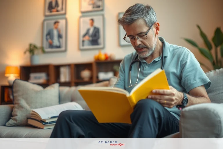 What is the Best Age to Have a Knee Replacement? An older man with white hair and glasses is sitting on a couch, engrossed in reading a yellow book. He's wearing a light-colored shirt and slacks.