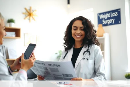 Medical office with two healthcare professionals. A woman in scrubs smiling and holding papers; a patient or another professional stands on left side of frame, holding cell phone to capture the moment.