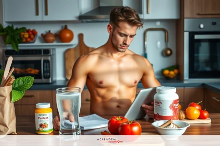 A shirtless man is busy with his tablet in a kitchen with various foods and items around him. The environment is clean and modern, with an oven, a bowl of fruit, cooking utensils and bottles of health supplements.