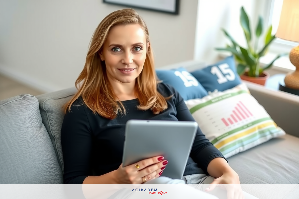 A woman sitting on a couch, holding a tablet. She is smiling and appears to be reading or browsing on the device.