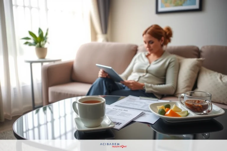 In the image, a woman is sitting on a sofa in a living room. She is holding a tablet and appears to be reading or working on it. In front of her, there is a coffee cup with a saucer beside it, along with an orange slice. The setting suggests a relaxed home environment.