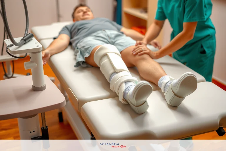 What is the Recovery Time for a Knee Arthroscopy? Medical scene with a man lying on an examination table, wearing leg braces, and being attended to by a medical professional. The room contains various equipment, indicating that the setting is likely a physical therapy clinic.
