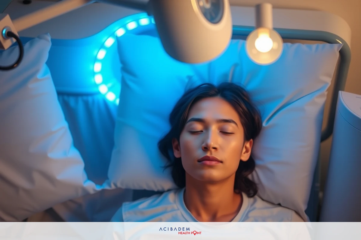 Sleeping woman in hospital bed with medical glowing lights. She's lying down, eyes closed, in a tranquil environment.