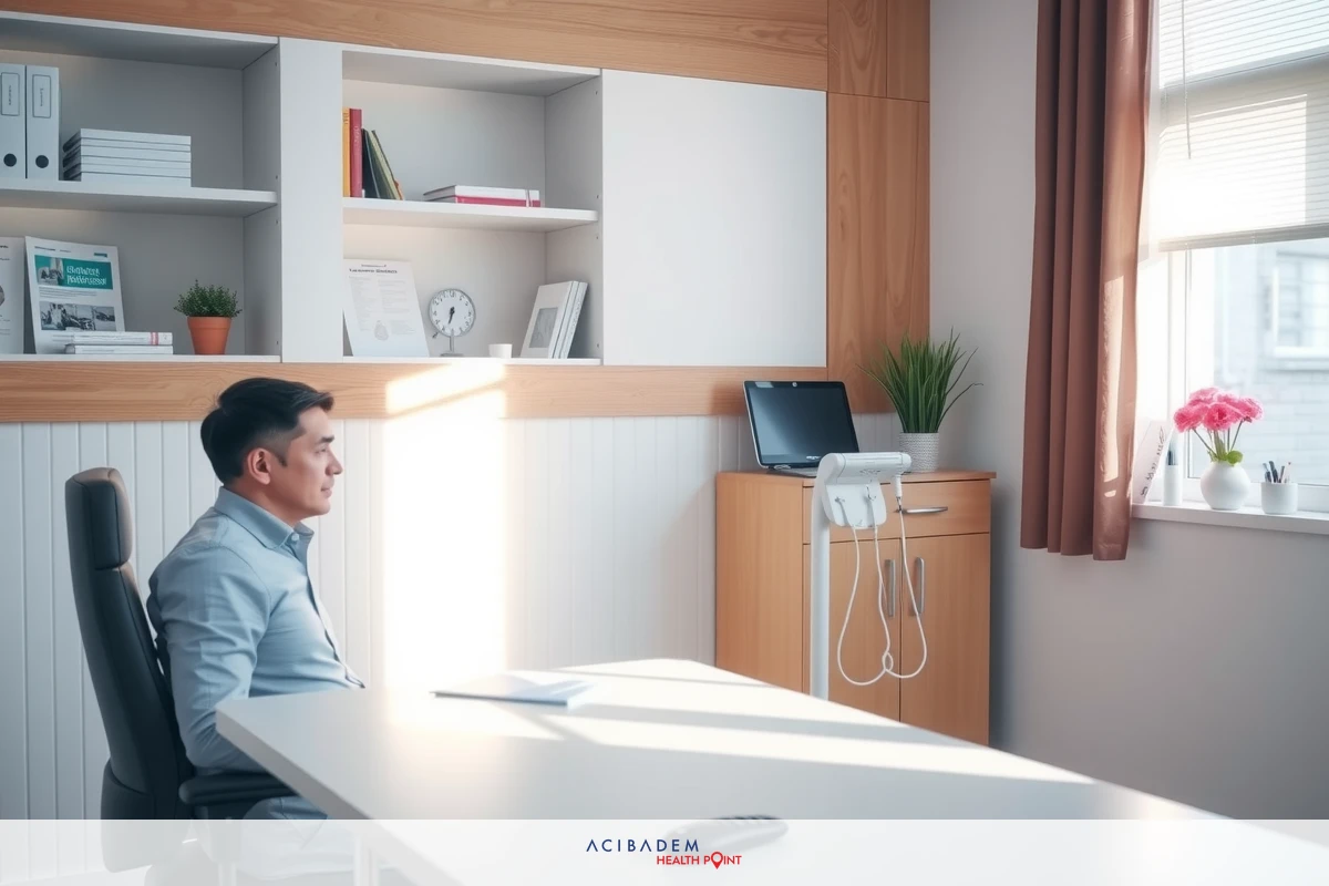 A man is seated at his desk in a well-lit office with a large window. The room is equipped with modern furniture including bookshelves, storage units and office chairs. It has a calm and professional atmosphere.