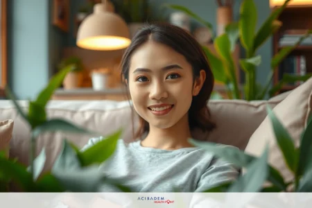 The image shows a young woman sitting on a couch, smiling and looking directly at the camera. She has dark hair, is wearing casual attire, and appears relaxed in an indoor setting with potted plants to her side.