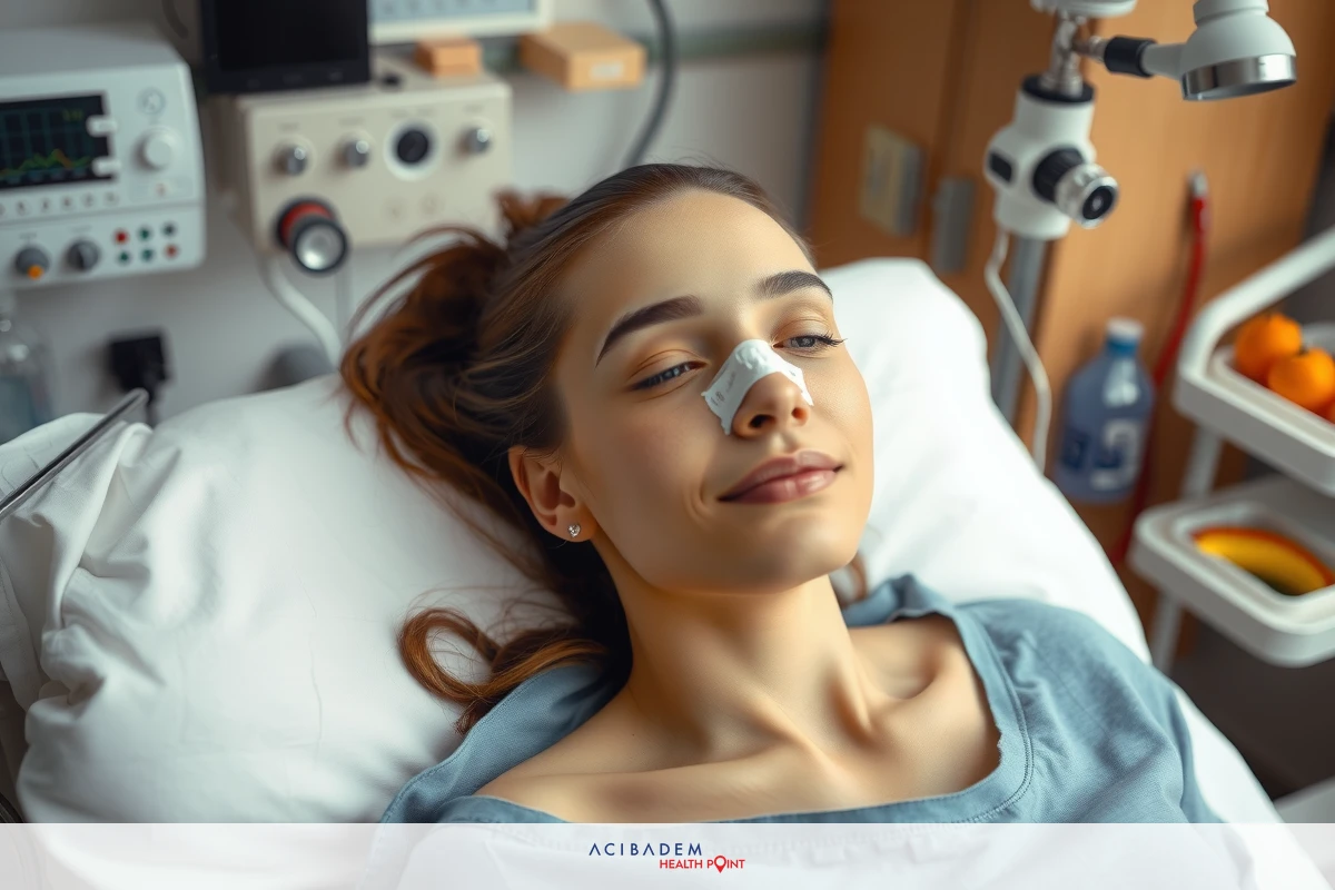 The image features a woman lying in a hospital bed. She is connected to medical equipment. There are various monitors and instruments around her that suggest she is undergoing treatment or monitoring for health issues. The setting appears clinical with sterile surfaces. The woman's facial expression suggests she is in a state of rest or possibly sedation.