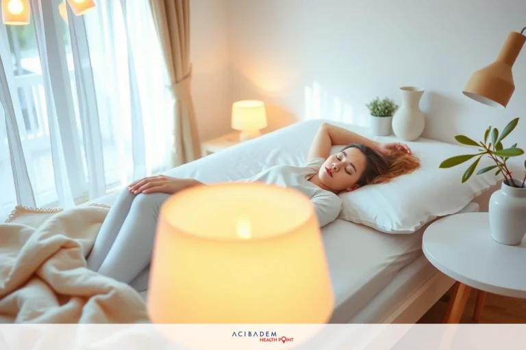 How to Sleep Rhinoplasty The image shows a woman in a cozy bedroom environment. She is lying on her back with her head resting on a pillow, and she appears to be relaxed or possibly asleep. The color scheme of the room is neutral with natural tones, contributing to a peaceful atmosphere.