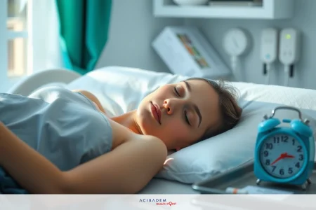 How to Sleep Weeks After Rhinoplasty A woman in a hospital bed, sleeping. There is medical equipment next to the bed. The clock reads 15:38.