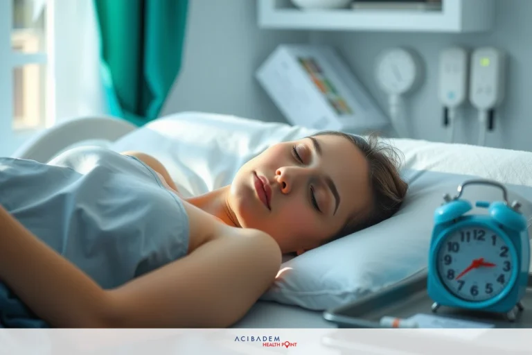 How to Sleep Weeks After Rhinoplasty A woman in a hospital bed, sleeping. There is medical equipment next to the bed. The clock reads 15:38.