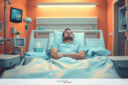 How to Sneeze with a Rhinoplasty The image depicts a hospital room with a patient lying in bed. The patient is wearing a hospital gown and appears to be resting or asleep. The walls of the room are painted in shades of orange, which suggests that this could be a scene from a movie or television show designed to portray a realistic hospital environment.