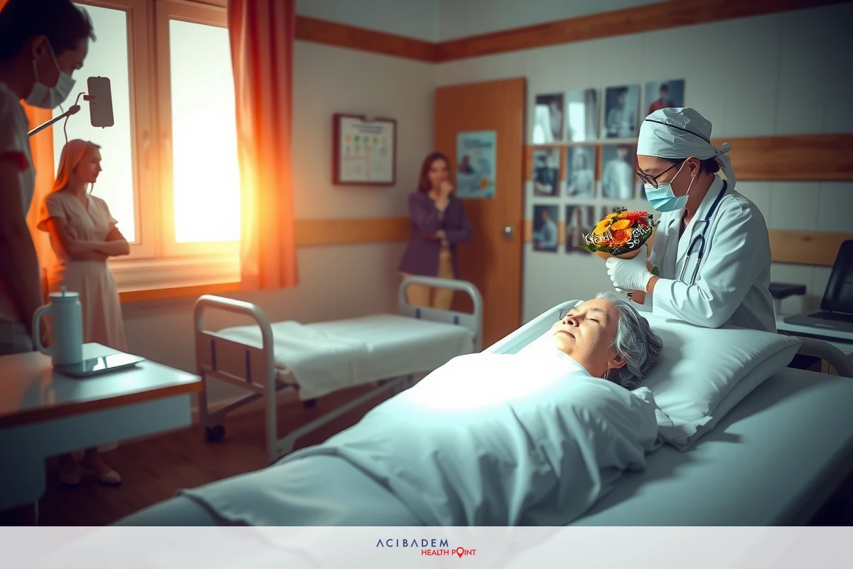 The image shows a hospital room with medical professionals and patients. There's a focus on the interaction between doctors and a patient lying in bed, emphasizing care and professionalism.