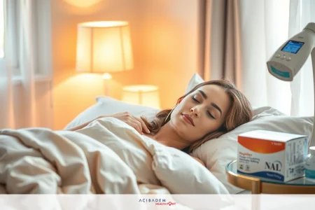 How to Stop Continous Runny Nose After Rhinoplasty The image depicts a woman lying in bed with her eyes closed, as if she is resting or possibly sleeping. She appears to be young and has light hair.