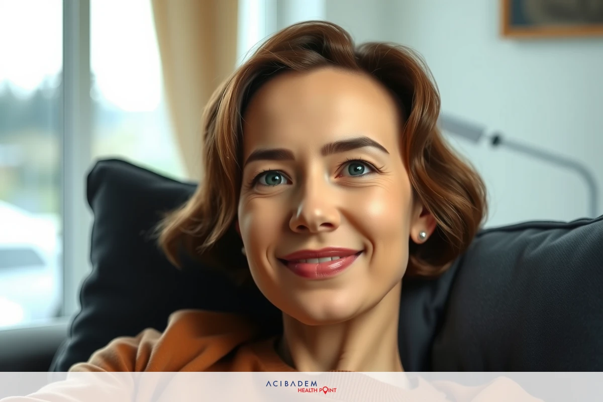 The image features a smiling woman seated on a couch. She has shoulder-length brown hair and is wearing a maroon sweater. The room appears to be well lit with natural light, contributing to a calm and comfortable atmosphere.