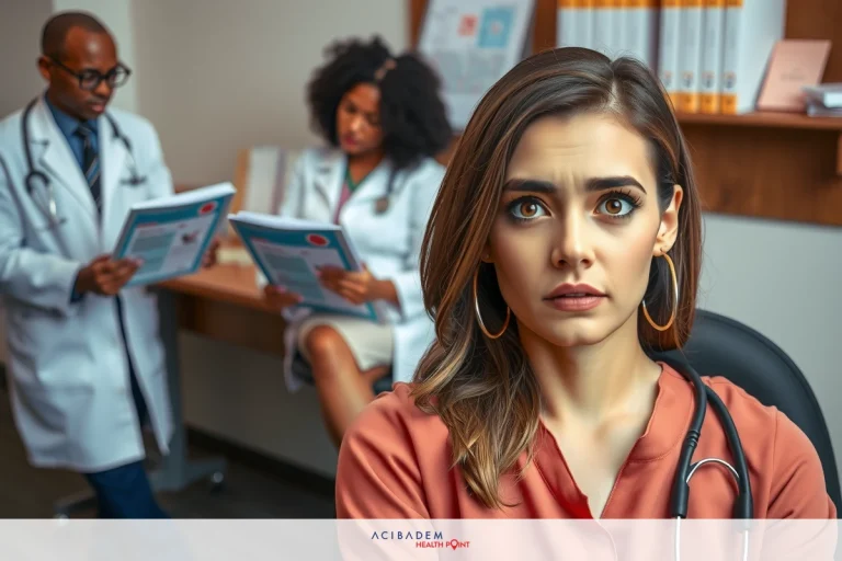 The image depicts a medical office environment with healthcare professionals wearing white coats. In the foreground, a young woman dressed in scrubs is looking away from the camera, appearing concerned or distressed. The office has a clean and clinical atmosphere with books and charts on a desk.