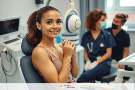 Is Chin Implant Done Before Rhinoplasty? The image depicts a dental examination setting. A woman is seated in a dental chair, smiling broadly with her arms crossed on the back of the chair. The staff members, both wearing medical gowns and surgical masks, are attentive to their tasks. The environment is clean and sterile.