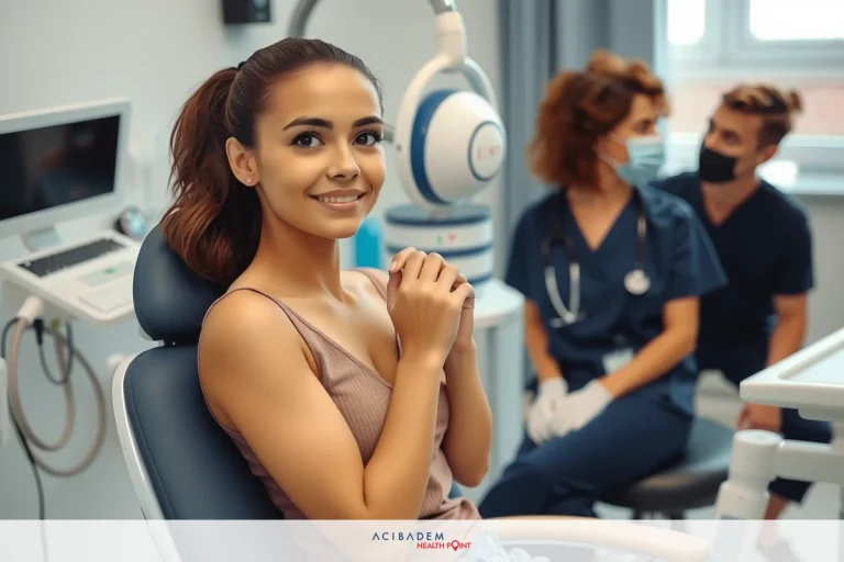 Is Chin Implant Done Before Rhinoplasty? The image depicts a dental examination setting. A woman is seated in a dental chair, smiling broadly with her arms crossed on the back of the chair. The staff members, both wearing medical gowns and surgical masks, are attentive to their tasks. The environment is clean and sterile.