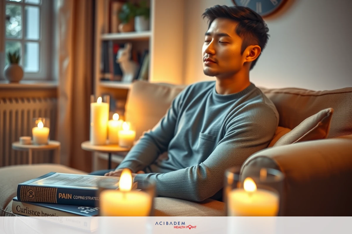 The image features a man sitting comfortably on a couch in an indoor setting. He is dressed in casual attire and appears to be relaxed, possibly reading a book that is placed nearby. The room has a warm ambiance with candles lit around him.