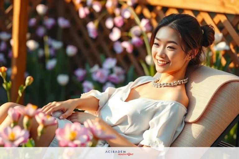 A woman is seated on a reclining chair under flowers, enjoying the sunny day. She wears a white floral top with puff sleeves and has a radiant smile on her face.
