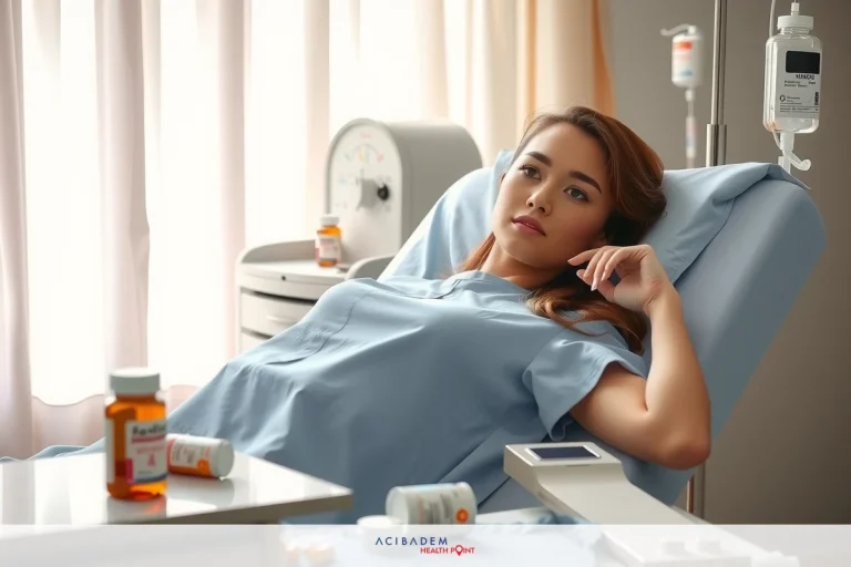 A woman lying in a hospital bed. She is resting, as indicated by her relaxed posture and the peaceful environment of the hospital room.