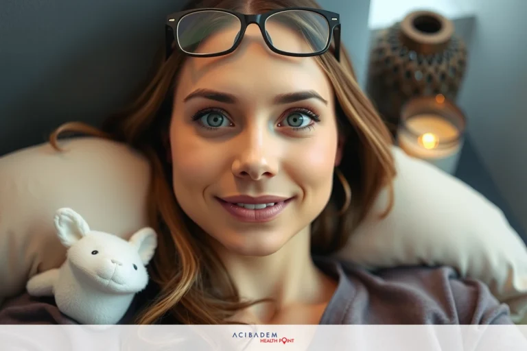 In the image, a smiling woman is seen laying comfortably on a bed with her head propped up by pillows. She is wearing glasses and appears to be in a relaxed state. The environment around her suggests a cozy, personal space, likely a bedroom.