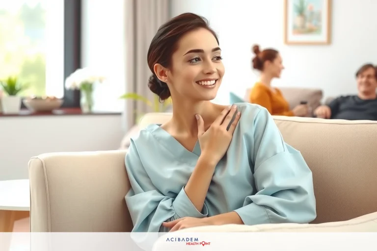 A woman sitting comfortably on a couch in a bright room, smiling at the camera with one hand on her chest as if embracing a moment of joy or happiness.
