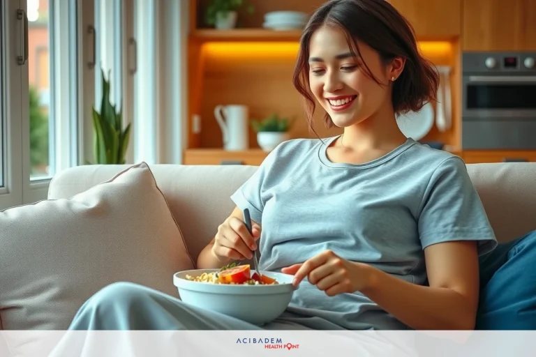 A young woman sitting on a couch in an indoor environment, wearing casual clothing and holding a bowl of food. She is smiling while enjoying her meal.