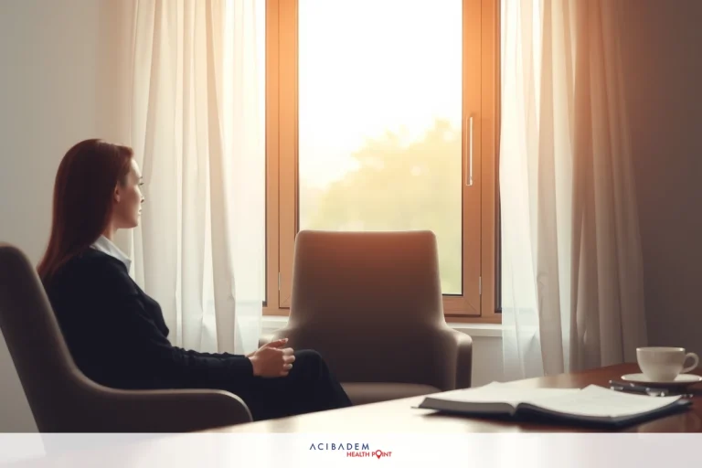 An office scene with a woman in a black suit seated at a desk. She is looking out of a window that frames a view of trees and an overcast sky. There is a coffee cup on the desk and other office furnishings visible.