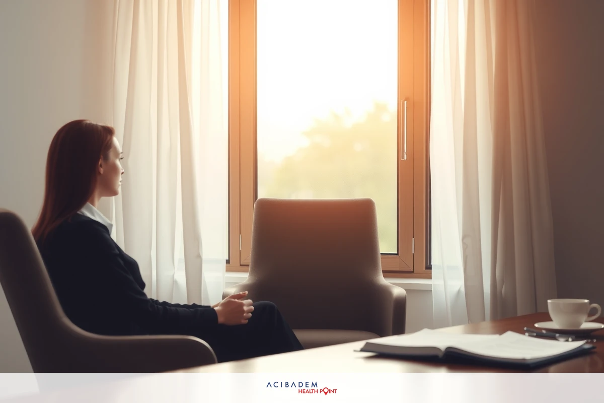 An office scene with a woman in a black suit seated at a desk. She is looking out of a window that frames a view of trees and an overcast sky. There is a coffee cup on the desk and other office furnishings visible.
